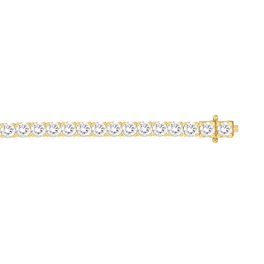 Close-up of 7 CTW yellow gold lab-grown diamond tennis bracelet showing four-prong setting
