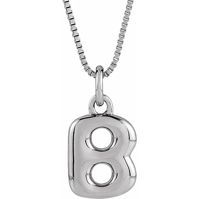 Bubble initial B necklace in 14K white gold or sterling silver, front view