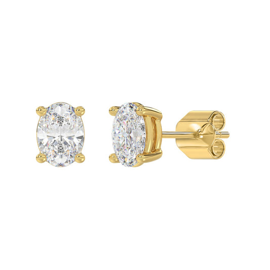 2.5 CTW Oval Lab-Grown Diamond Stud Earrings in yellow gold - front and angled view