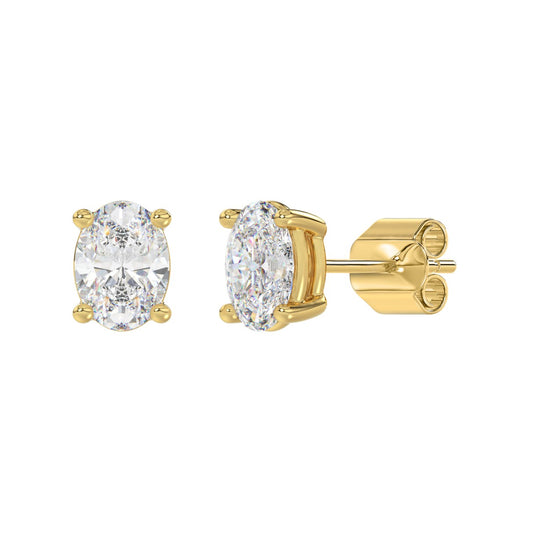 3 CTW oval stud earrings in yellow gold front and angled view
