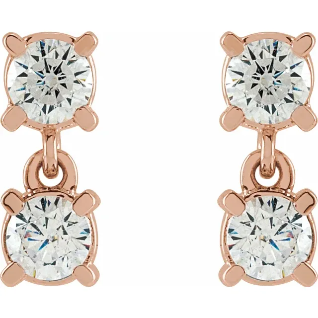 Front view of petite two-stone lab-grown diamond drop earrings in 14K rose gold