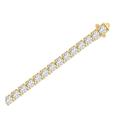 Close-up of 3 CTW yellow gold lab-grown diamond tennis bracelet showing four-prong setting