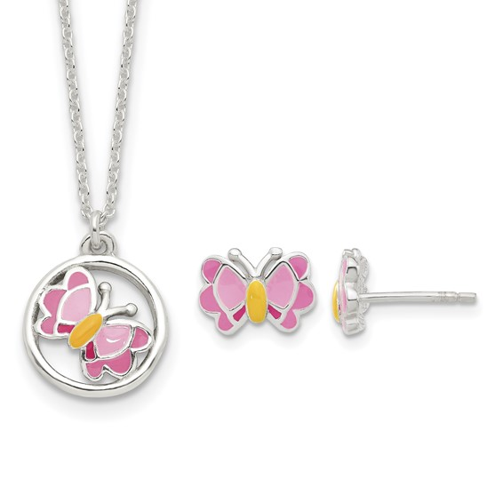 Sterling silver pink and orange enamel butterfly necklace and stud earrings set