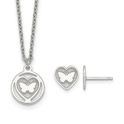 Sterling silver butterfly-in-heart children’s necklace and matching stud earrings set