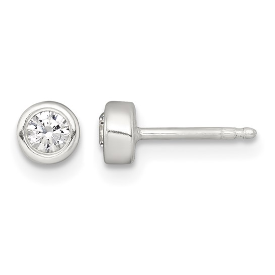 White cubic zirconia bezel stud earring front and side view