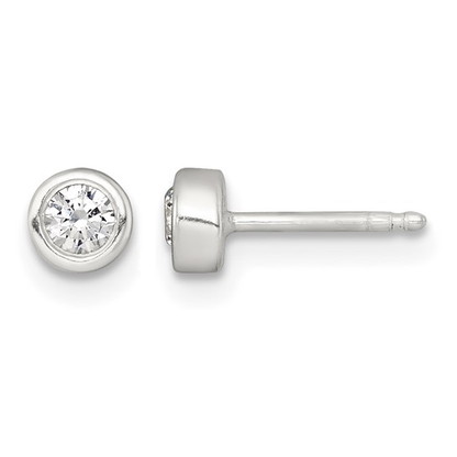 White cubic zirconia bezel stud earring front and side view