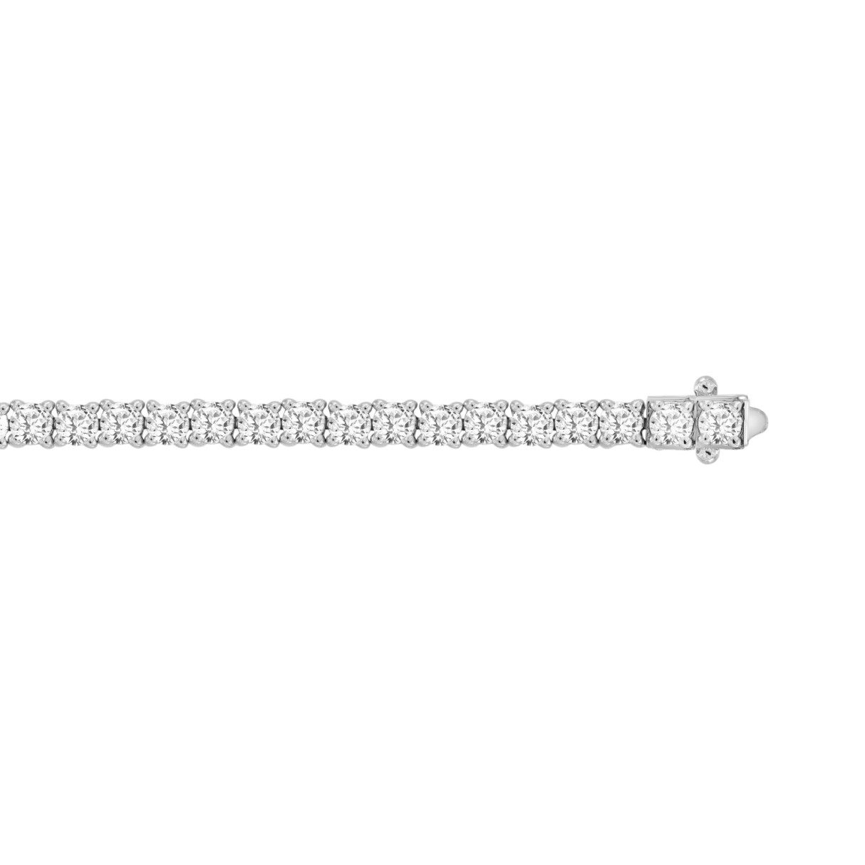 Close-up of 5 CTW white gold lab-grown diamond tennis bracelet showing four-prong setting