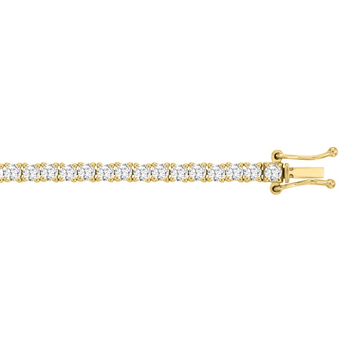 Close-up of 5 CTW yellow gold lab-grown diamond tennis bracelet showing four-prong setting
