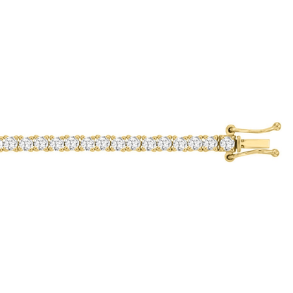 Close-up of 5 CTW yellow gold lab-grown diamond tennis bracelet showing four-prong setting