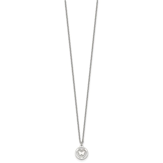 Front view of sterling silver butterfly-in-heart necklace