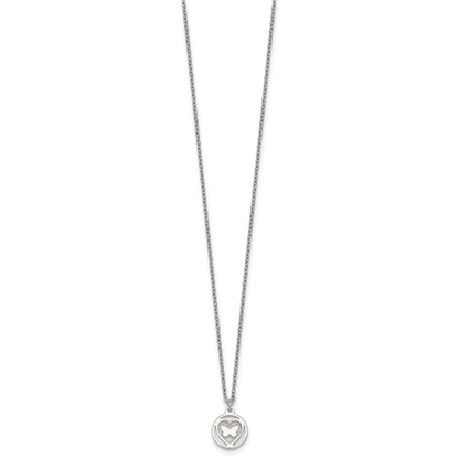 Front view of sterling silver butterfly-in-heart necklace