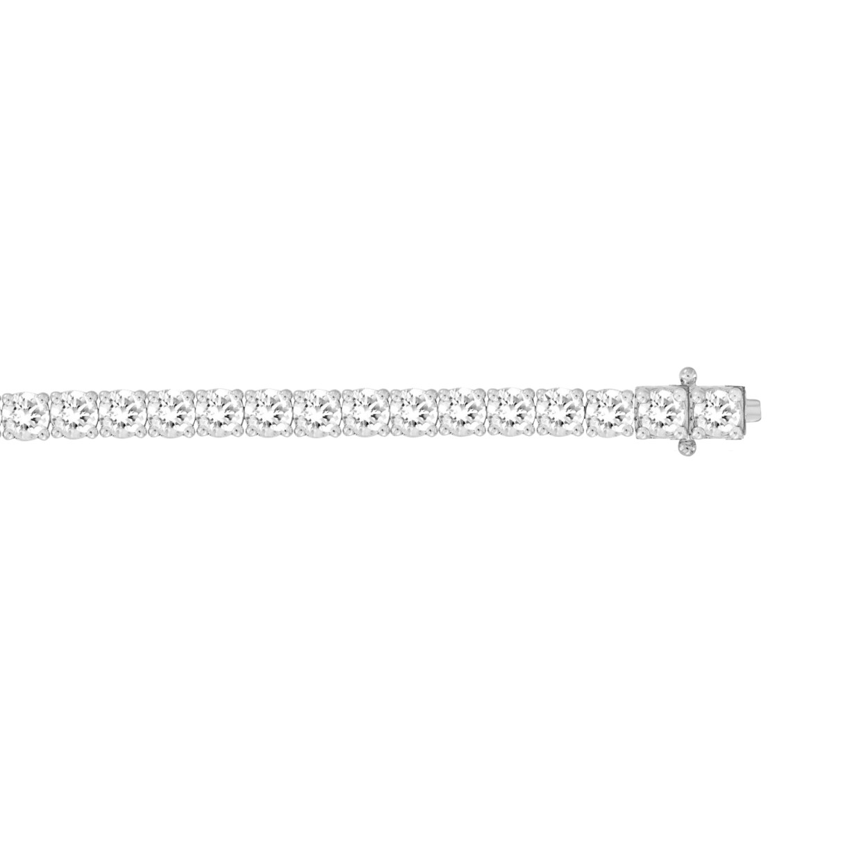 Close-up of 7 CTW white gold lab-grown diamond tennis bracelet showing four-prong setting