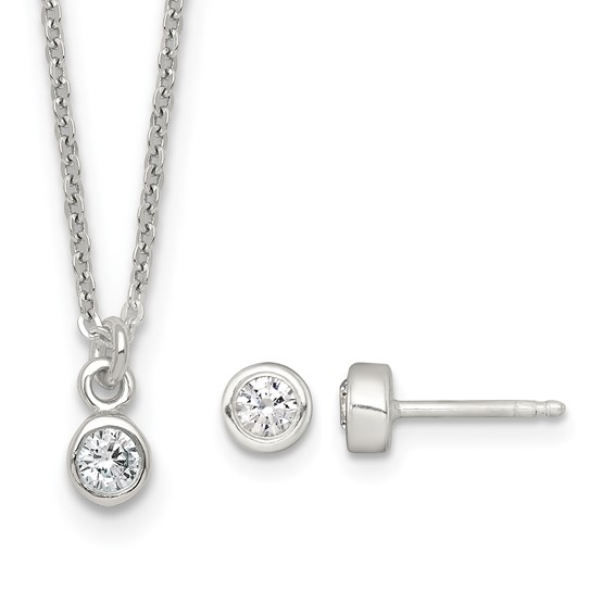 Rhodium-plated sterling silver white cubic zirconia children’s necklace and stud earrings set