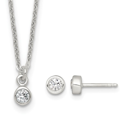 Rhodium-plated sterling silver white cubic zirconia children’s necklace and stud earrings set