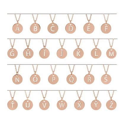 Initial disc necklace letter options in rose gold-plated sterling silver