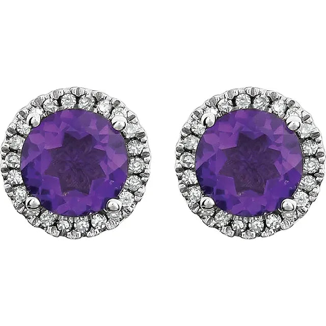 February Birthstone Halo Stud Earrings - Amethyst and Lab-Grown Diamond