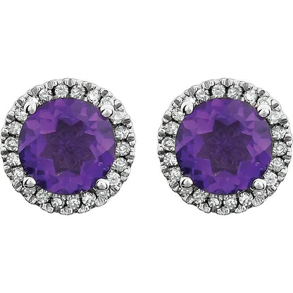 February Birthstone Halo Stud Earrings - Amethyst and Lab-Grown Diamond
