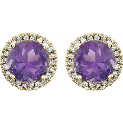 February Birthstone Halo Stud Earrings - Amethyst and Lab-Grown Diamond