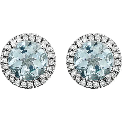 March Birthstone Halo Stud Earrings - Aquamarine and Lab-Grown Diamond