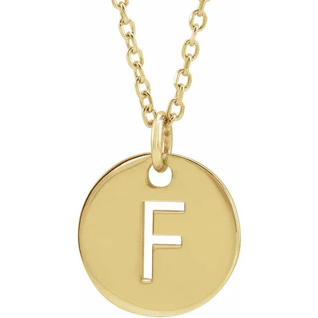 Initial disc necklace letter F in yellow-gold finish