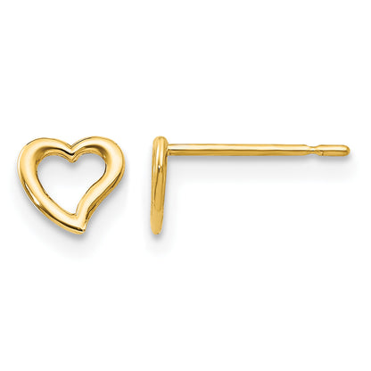 Children’s 14K yellow gold open heart stud earrings 5mm front and side view