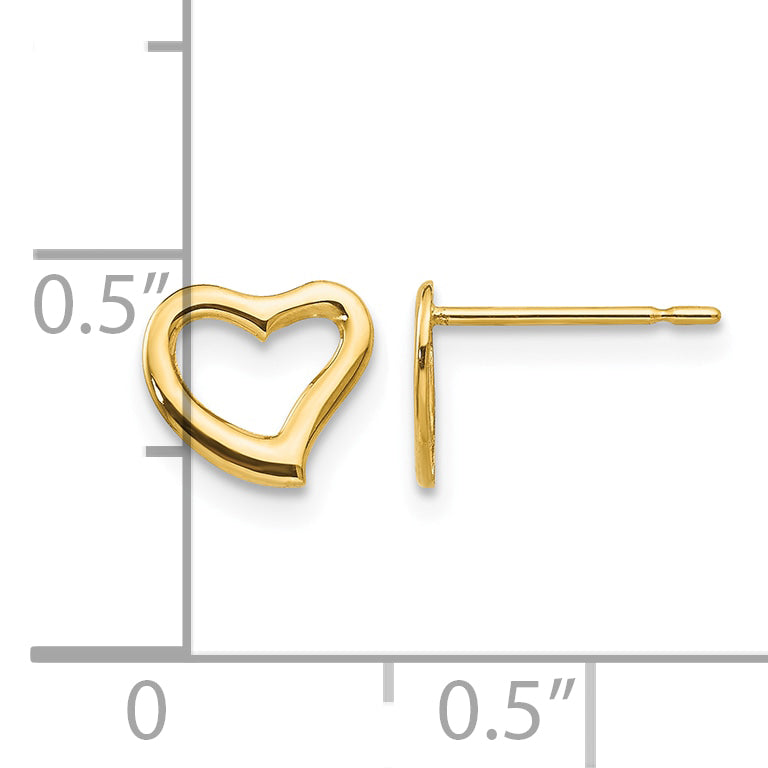 Children’s 14K yellow gold open heart stud earrings 7mm measurement guide
