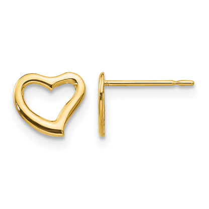 Children’s 14K yellow gold open heart stud earrings 7mm front and side view