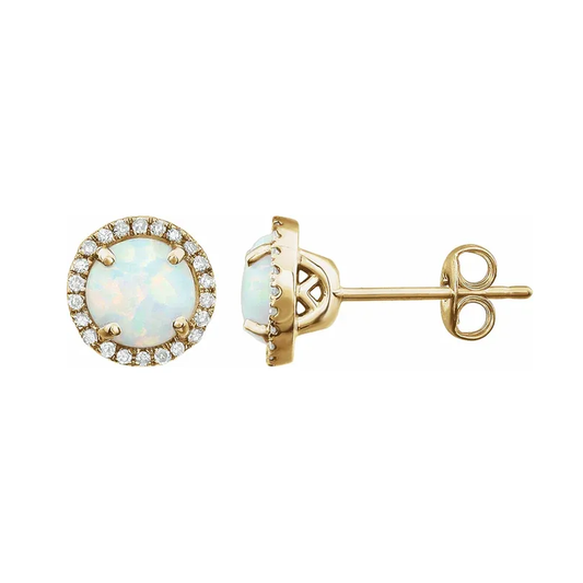 October Birthstone Halo Stud Earrings - Lab-Grown Opal and Lab-Grown Diamond