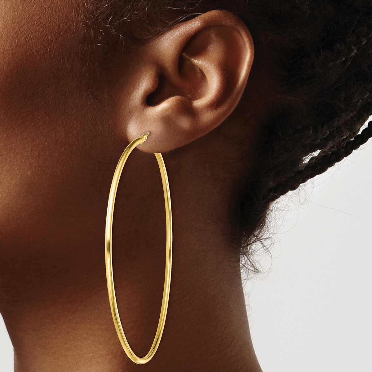 Classic 2mm gold-tone sterling silver hoop earrings, 70 mm — lifestyle view