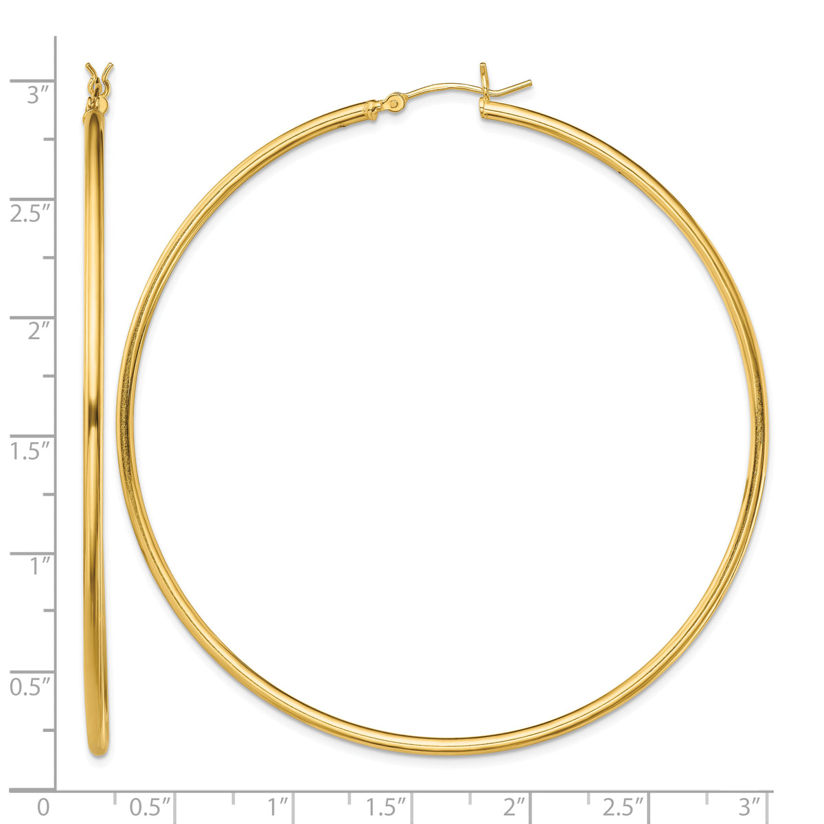 Classic 2mm gold-tone sterling silver hoop earrings, 70 mm — measurement guide