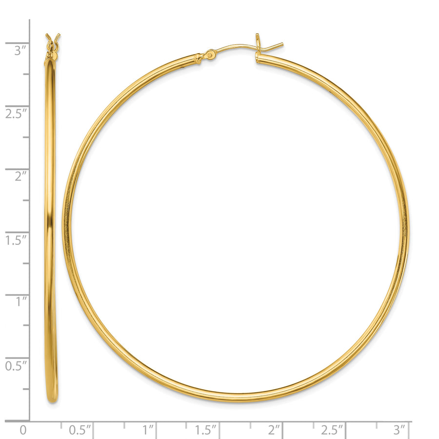 Classic 2mm gold-tone sterling silver hoop earrings, 70 mm — measurement guide