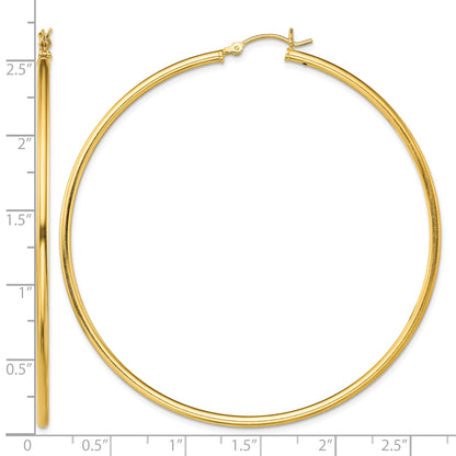 Classic 2mm gold-tone sterling silver hoop earrings, 65 mm — measurement guide