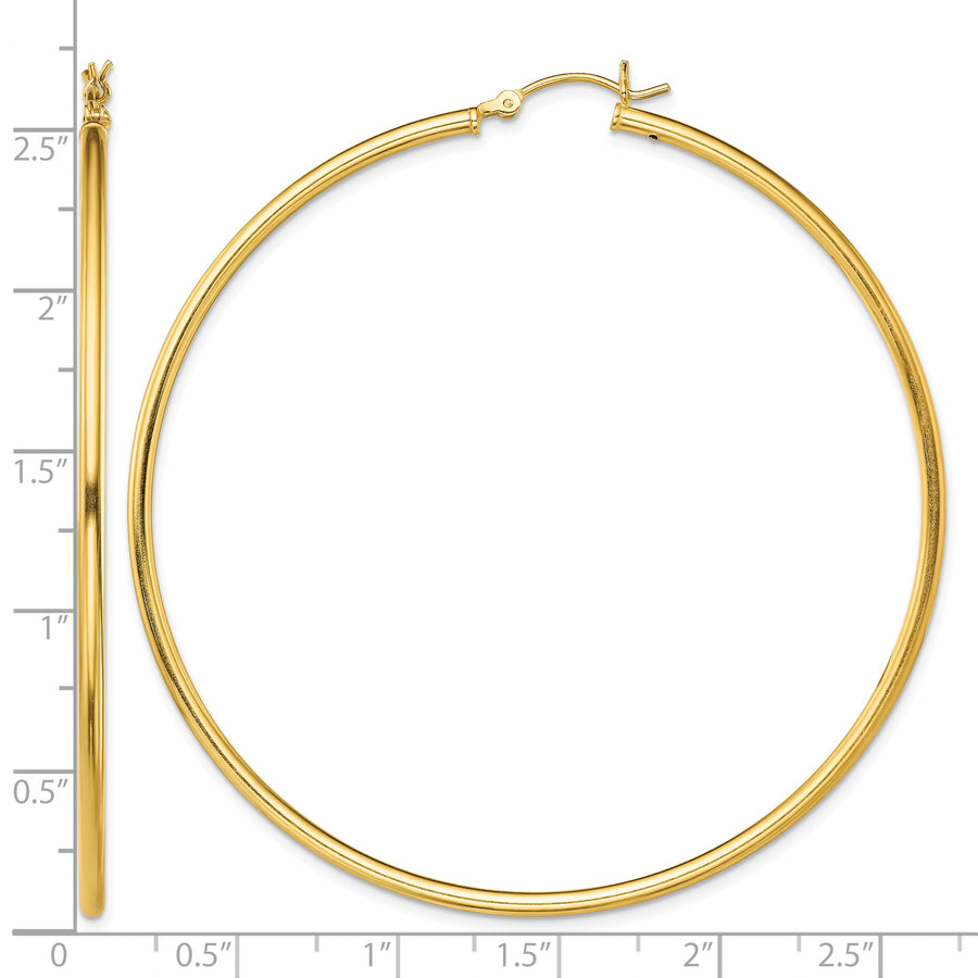 Classic 2mm gold-tone sterling silver hoop earrings, 65 mm — measurement guide