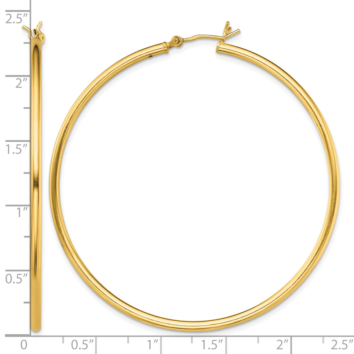 Classic 2mm gold-tone sterling silver hoop earrings, 55 mm — measurement guide