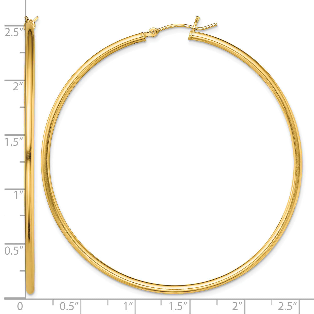 Classic 2mm gold-tone sterling silver hoop earrings, 60 mm — measurement guide