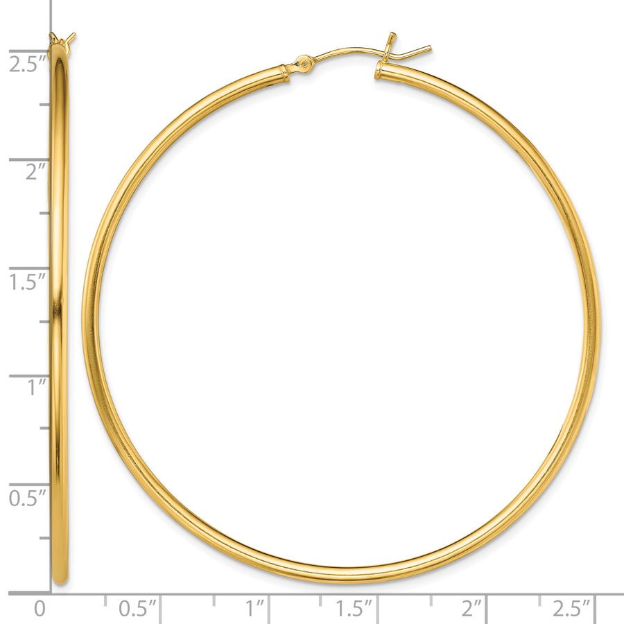 Classic 2mm gold-tone sterling silver hoop earrings, 60 mm — measurement guide