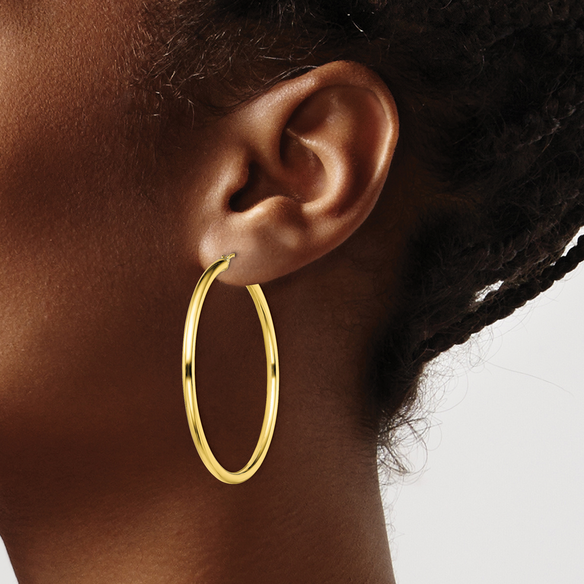 Classic 2mm gold-tone sterling silver hoop earrings, 45 mm — lifestyle view