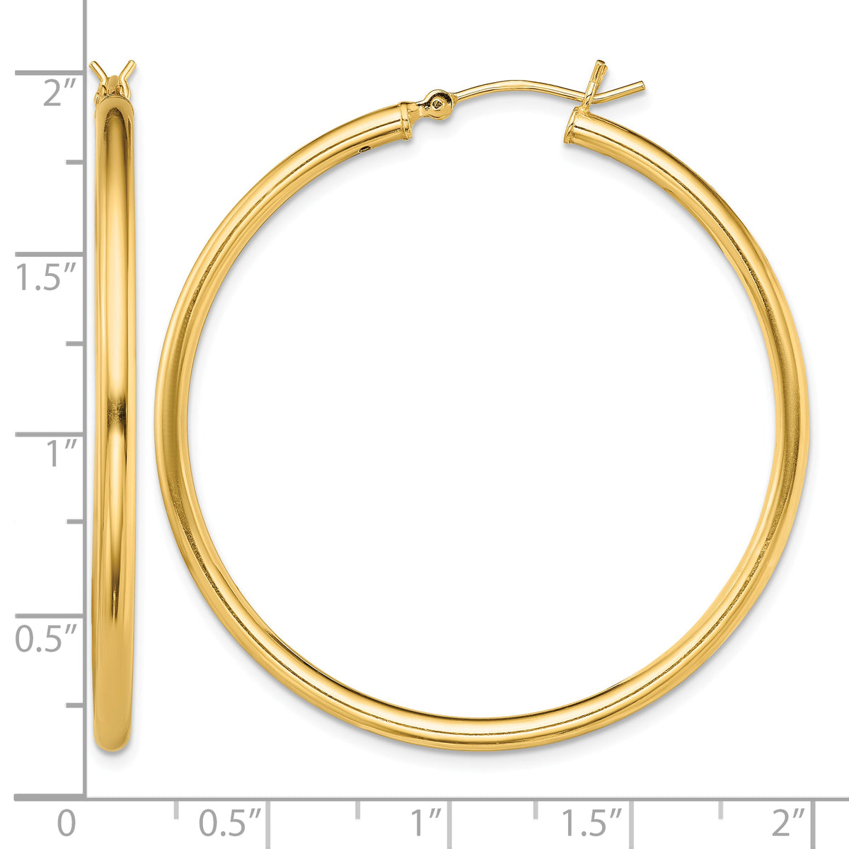 Classic 2mm gold-tone sterling silver hoop earrings, 45 mm — measurement guide