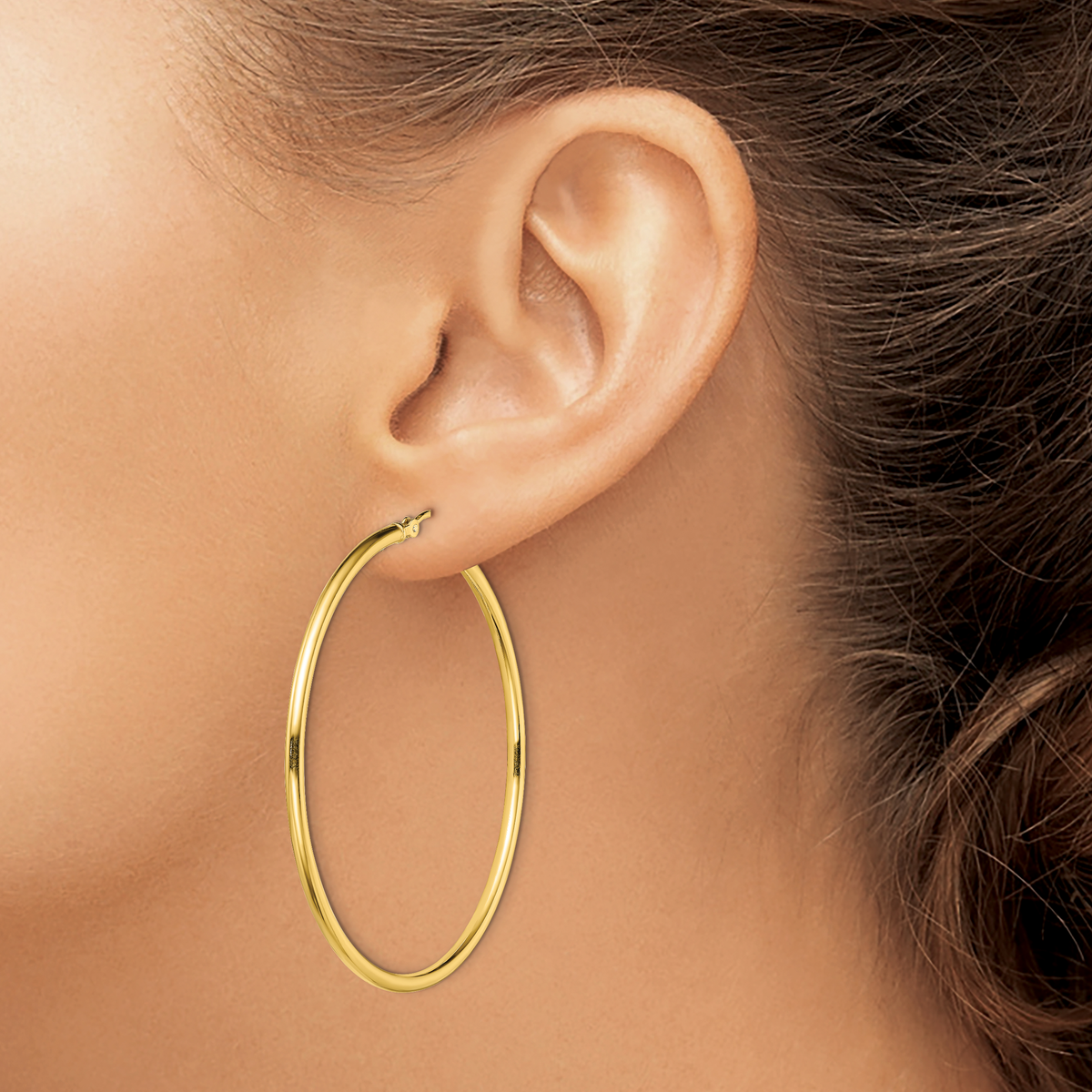 Classic 2mm gold-tone sterling silver hoop earrings, 50 mm — lifestyle view