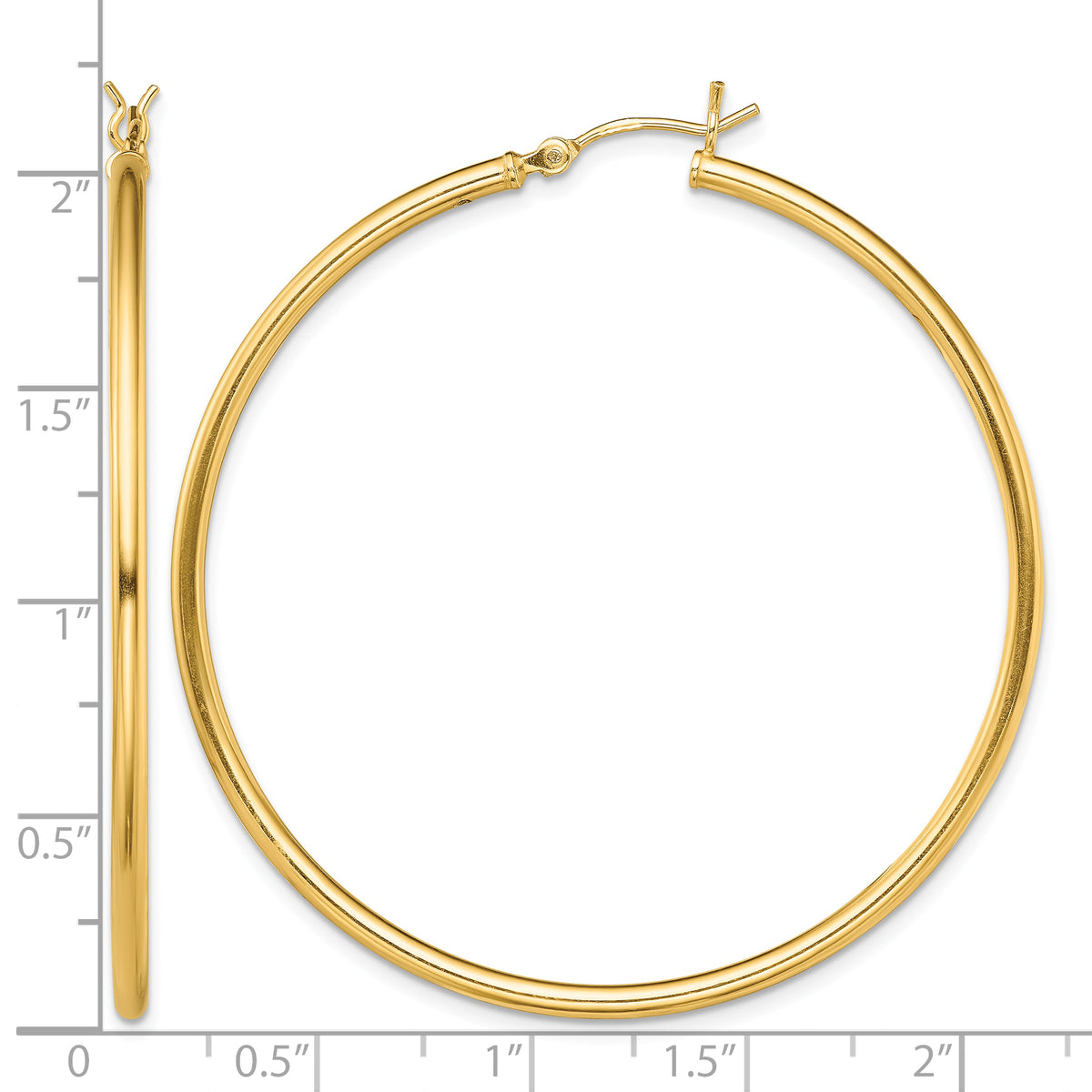 Classic 2mm gold-tone sterling silver hoop earrings, 50 mm — measurement guide