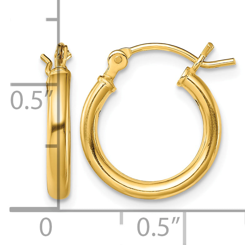 Classic 2mm gold-tone sterling silver hoop earrings, 14 mm — measurement guide