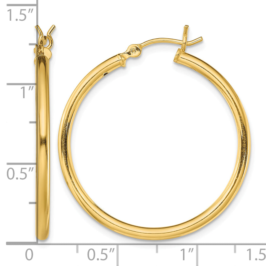 Classic 2mm gold-tone sterling silver hoop earrings, 30 mm — measurement guide