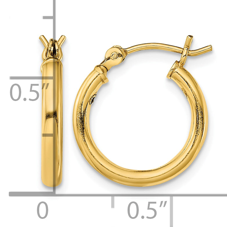 Classic 2mm gold-tone sterling silver hoop earrings, 15 mm — measurement guide
