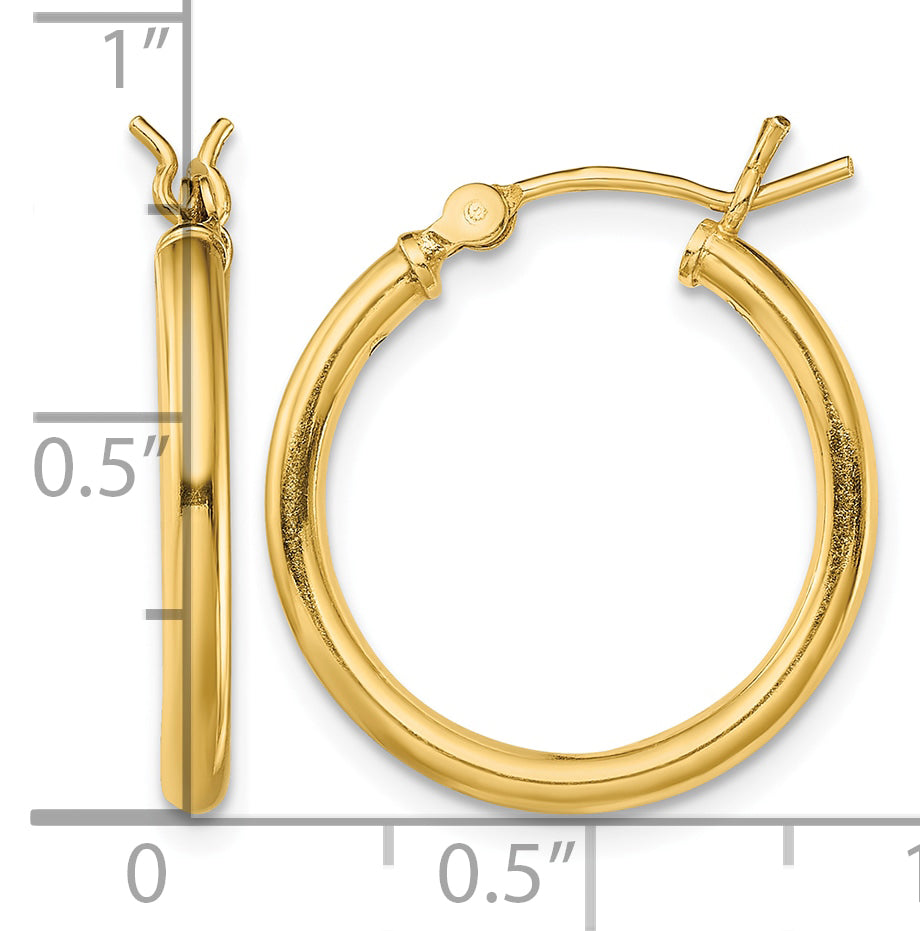 Classic 2mm gold-tone sterling silver hoop earrings, 20 mm — measurement guide