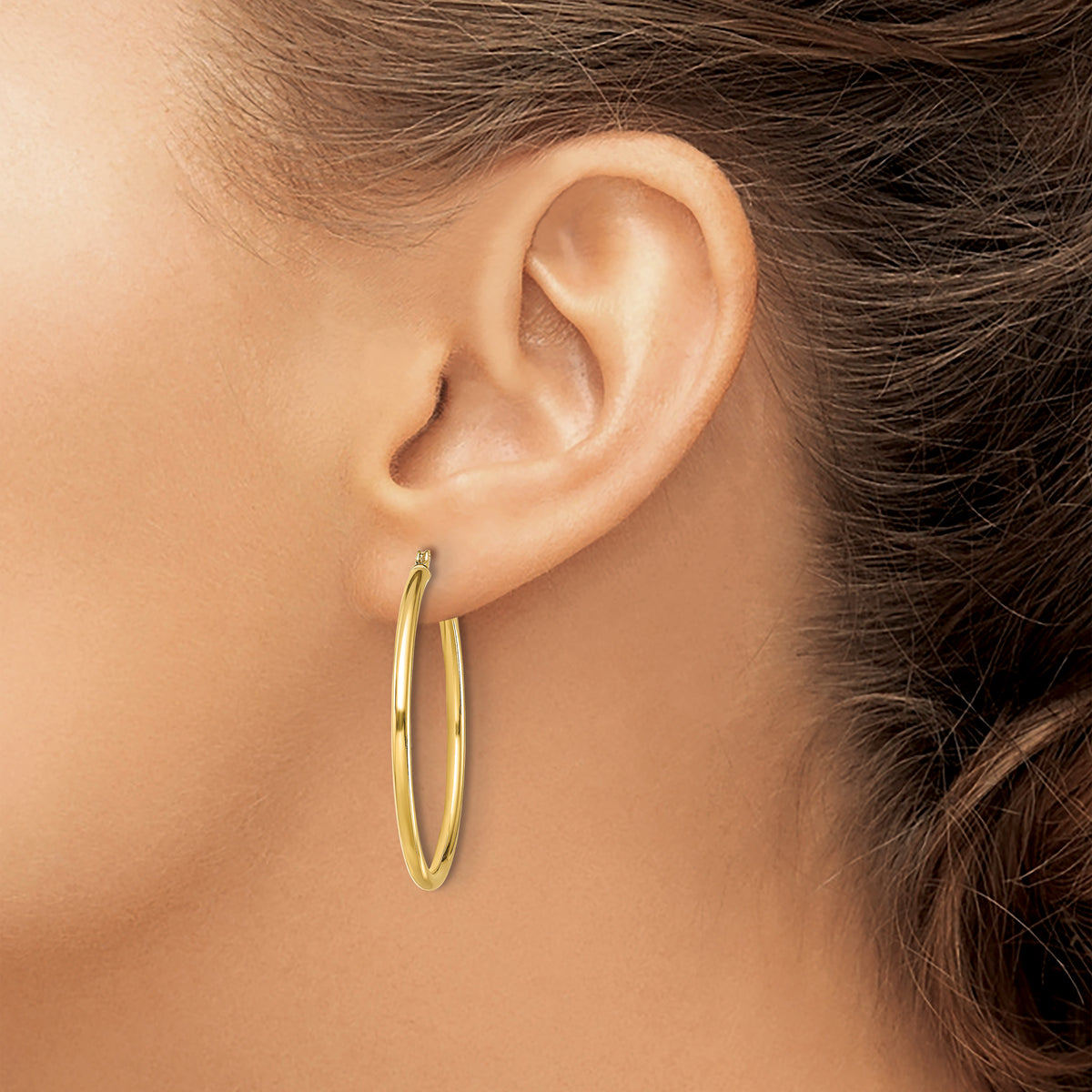Classic 2mm gold-tone sterling silver hoop earrings, 35 mm — lifestyle view