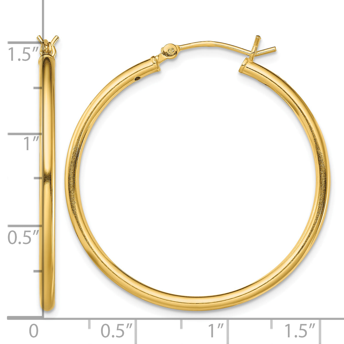 Classic 2mm gold-tone sterling silver hoop earrings, 35 mm — measurement guide