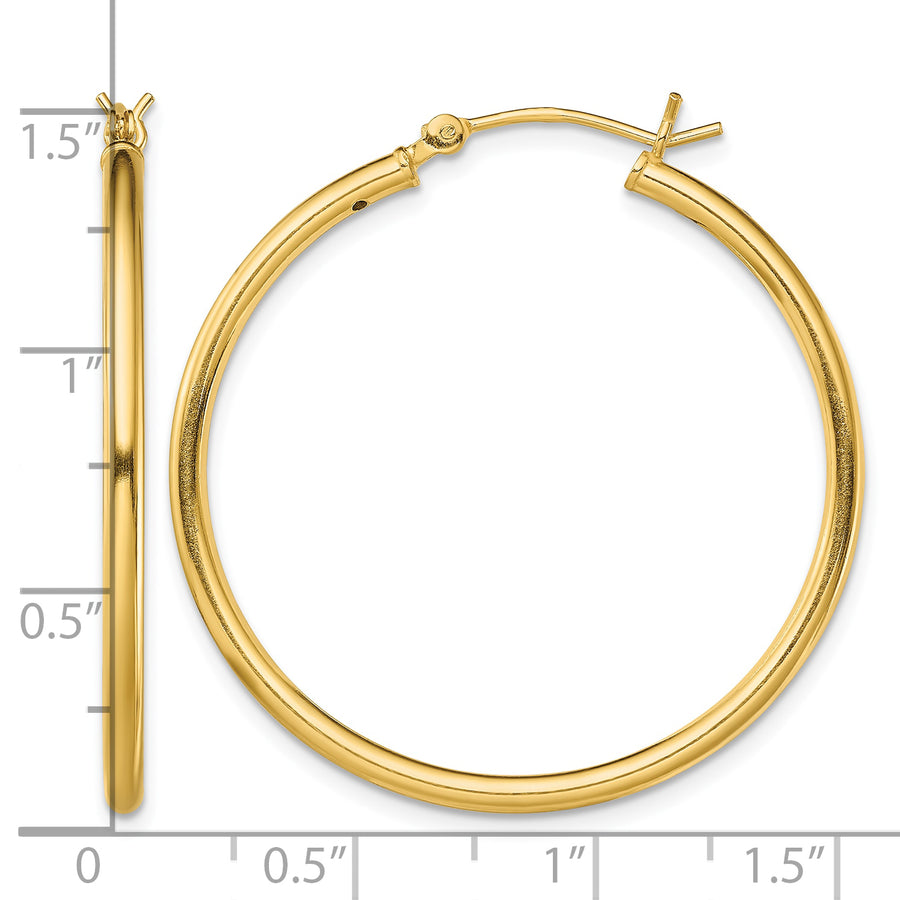 Classic 2mm gold-tone sterling silver hoop earrings, 35 mm — measurement guide