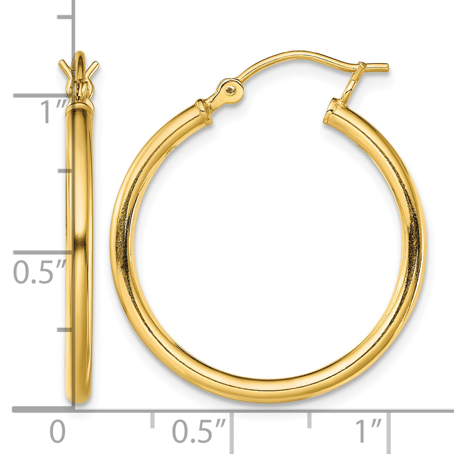 Classic 2mm gold-tone sterling silver hoop earrings, 25 mm — measurement guide