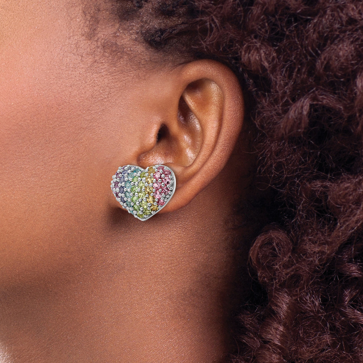 Children’s Multicolor Crystal Heart Earrings larger shown on ear