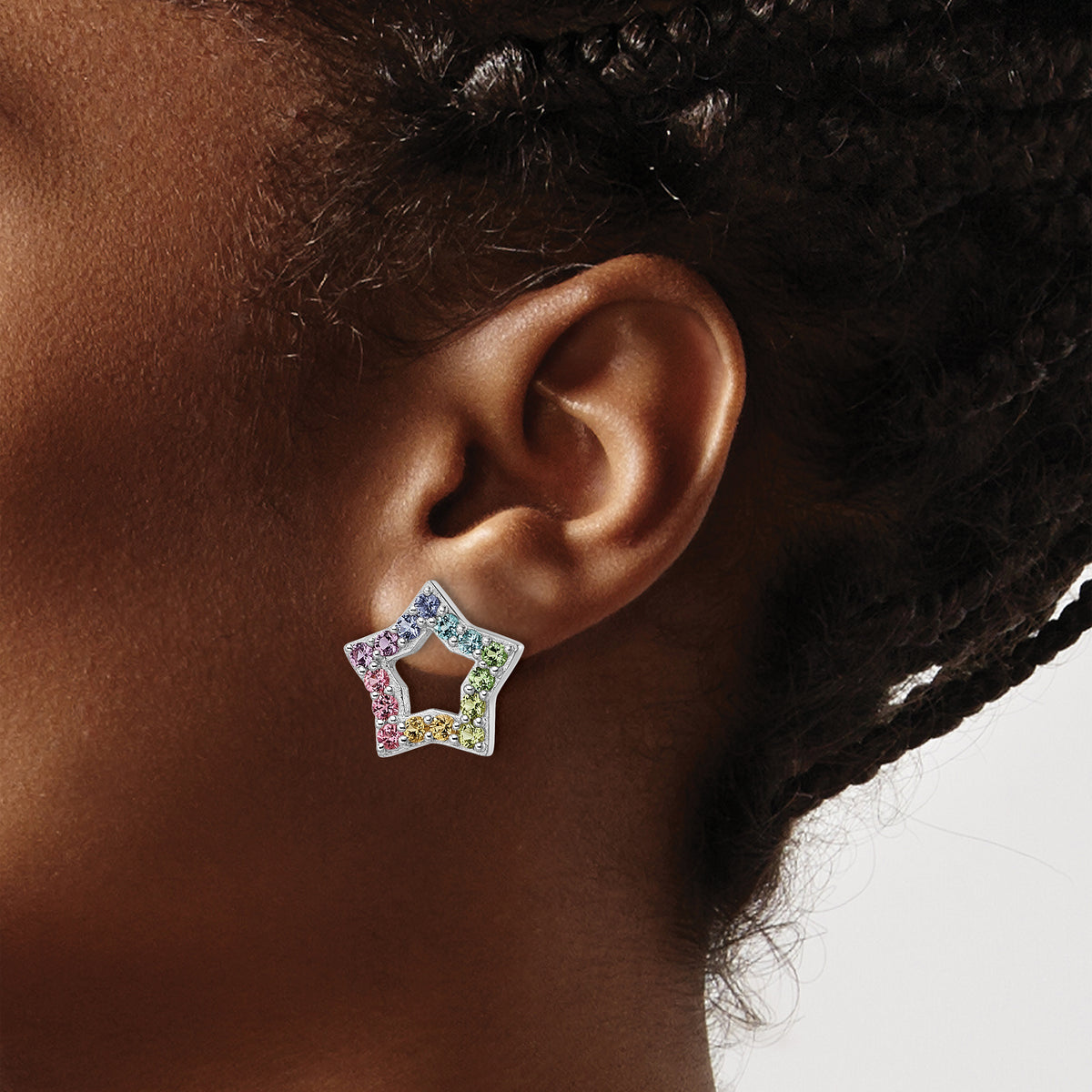 Sterling Silver Multicolor Crystal Star Earrings shown on ear
